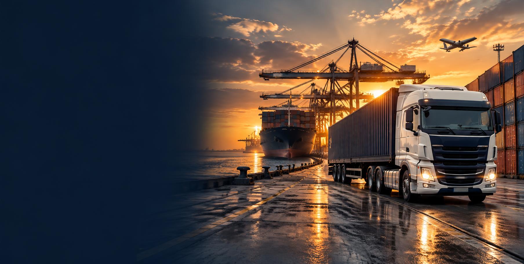 Cargo truck, shipping containers and port at dusk